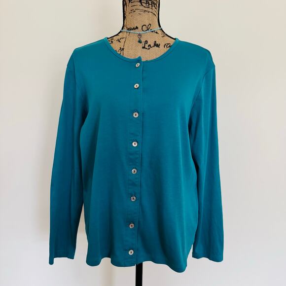 L.L. Bean Supima Cotton Button Cardigan Teal & Long Sleeve Crewneck T Shirt XL - Picture 2 of 8